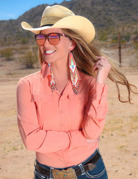 Cowgirl Tuff Breathe Instant Cooling UPF Pullover Button-Up - Coral