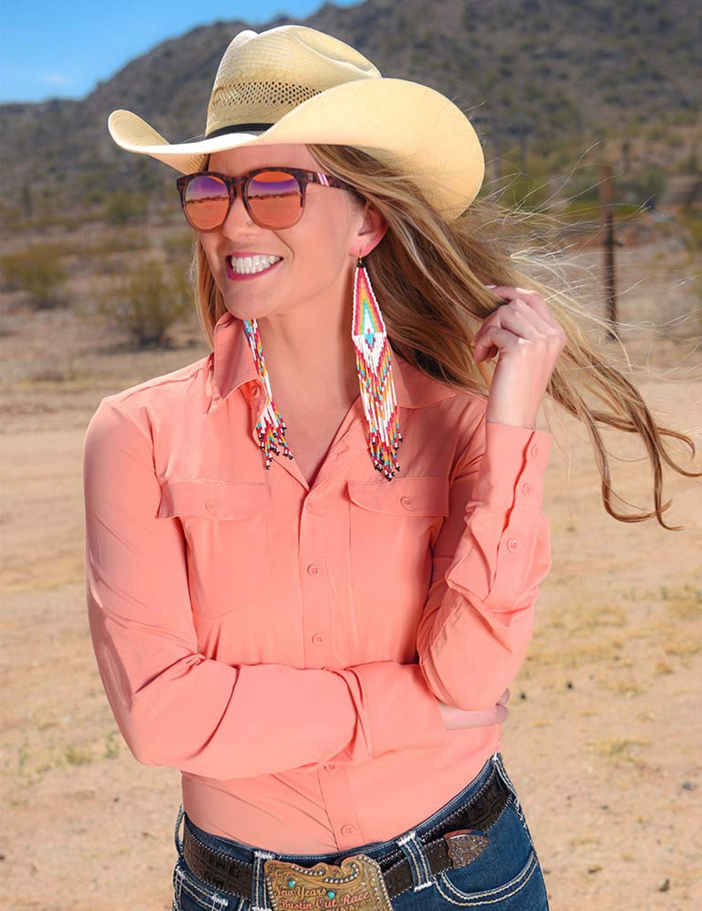 Cowgirl Tuff Breathe Instant Cooling UPF Pullover Button-Up - Coral