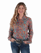 Cowgirl Tuff Turquoise & Orange Paisley Print Pullover Button-Up
