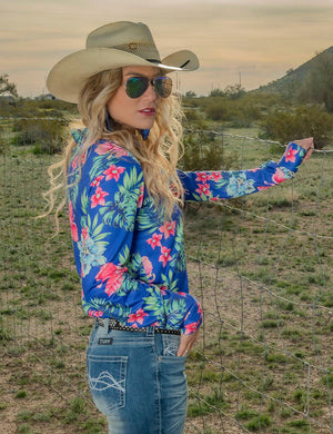 Cowgirl Tuff Hawaiian Print Mid-weight Stretch Jersey Pullover Button-Up