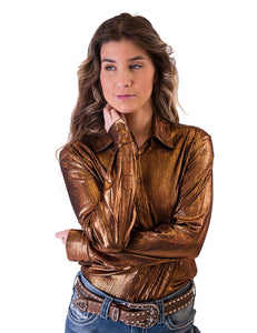 Copper Metallic Lightweight Stretch Jersey Pullover Button-Up