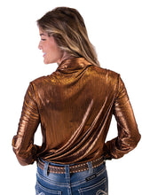 Copper Metallic Lightweight Stretch Jersey Pullover Button-Up