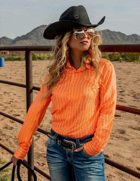 Cowgirl Tuff Shiny Tangerine Pullover Button-Up