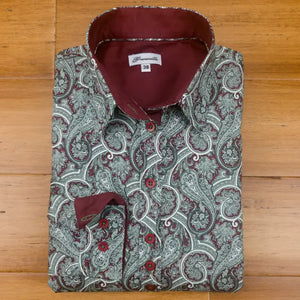 Grenouille Maroon and Slate Green Paisley Shaped Fit Shirt