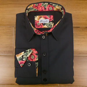 Grenouille Black Shirt with Red & Yellow Poppy Accents