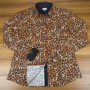 Grenouille Long Sleeve Tan Leopard Print Shaped Fit Shirt
