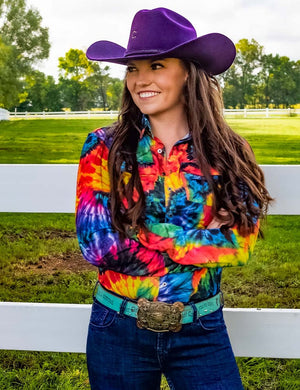 Cowgirl Tuff Tie Die Print Pullover Button-Up