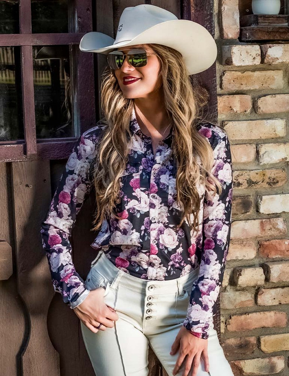 Cowgirl Tuff Deep Purple & Cream Floral Print Pullover Button-Up