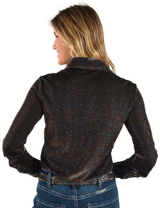 Multi Color Dark Lightweight Stretch Shimmer Pullover Button-Up