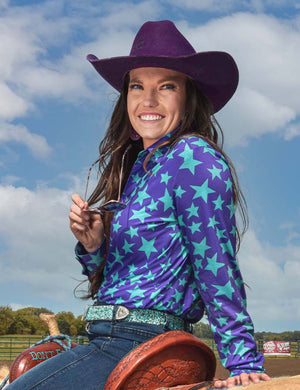 Cowgirl Tuff Purple and Turquoise Stars Mid-weight Stretch Jersey Pullover Button-Up