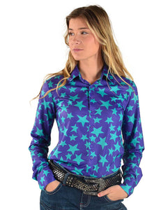 Purple and Turquoise Stars Mid-weight Stretch Jersey Pullover Button-Up