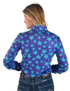 Purple and Turquoise Stars Mid-weight Stretch Jersey Pullover Button-Up