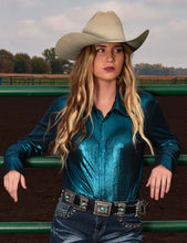 Cowgirl Tuff Shiny Lightweight Metallic Aqua Pullover Button-Up
