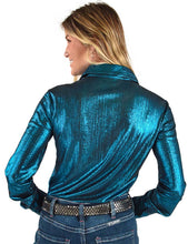 Shiny Lightweight Metallic Aqua Pullover Button-Up